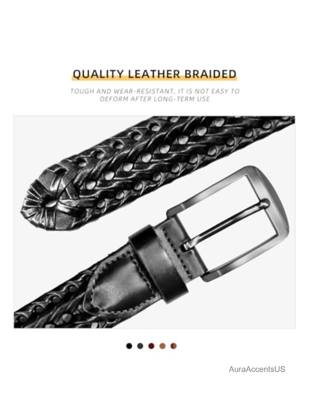 Braided Leather Belt for Men, Fully Adjustable Woven Strap with Metal Buckle